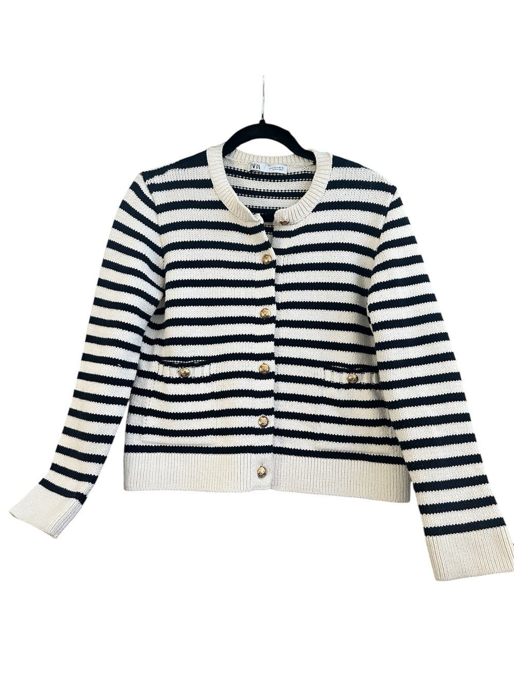 Zara Striped Knit Cardigan Sweater Women’s Size Small Gold Anchor Buttons